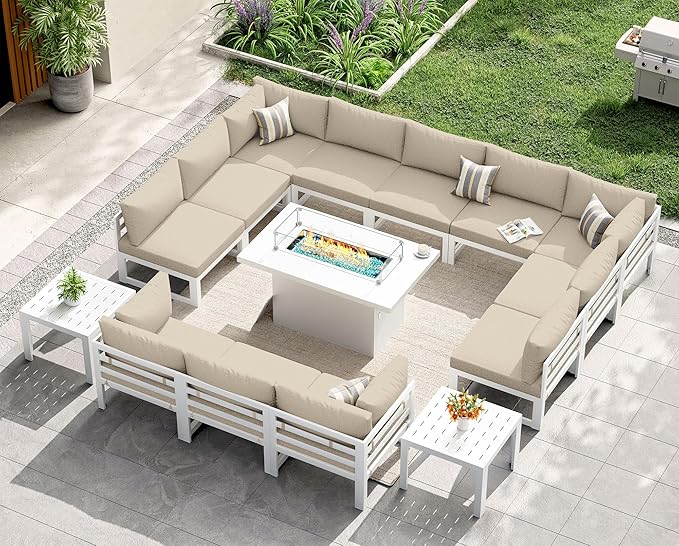 NICESOUL 15 Pcs Modern Aluminum Outdoor Patio Furniture Set with Fire Pit Table & Coffee Table, Extra Large L Shaped Modular Sectional Couch, 29" Wide Deep Seating Conversation Sofa for Terrace, Beige
