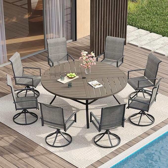 VICLLAX Patio Dining Set for 8, 8 Seats Outdoor Furniture Includes 59.9" Round Patio Table and Swivel Padded Chairs, Grey Wood Grain Tabletop and Grey Fabric