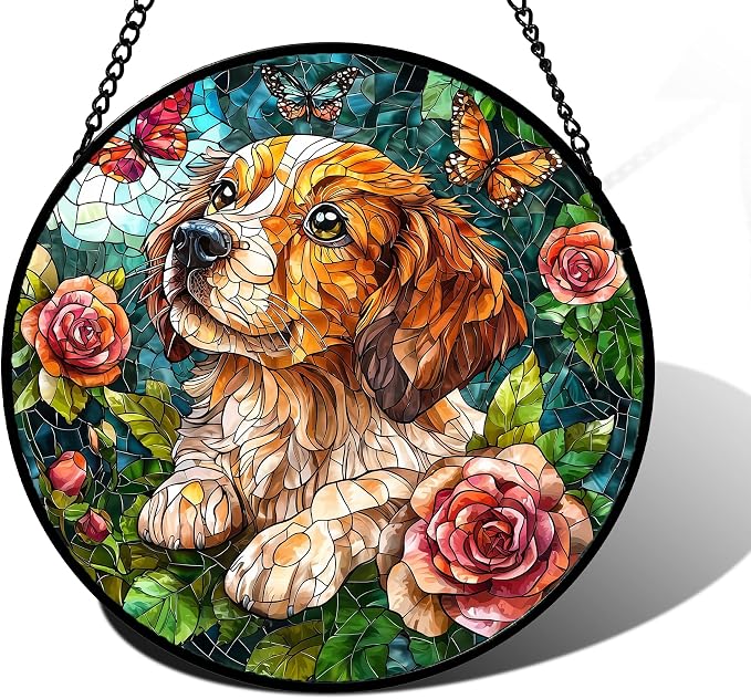 DASTOLL Stained Glass Window Hanging, Dog and Rose Suncatcher for Doors Home Butterfly Sun Catchers Decoration and Christmas, Mother's Day Birthday Gifts for Women, Men, and Mom 9.8 in