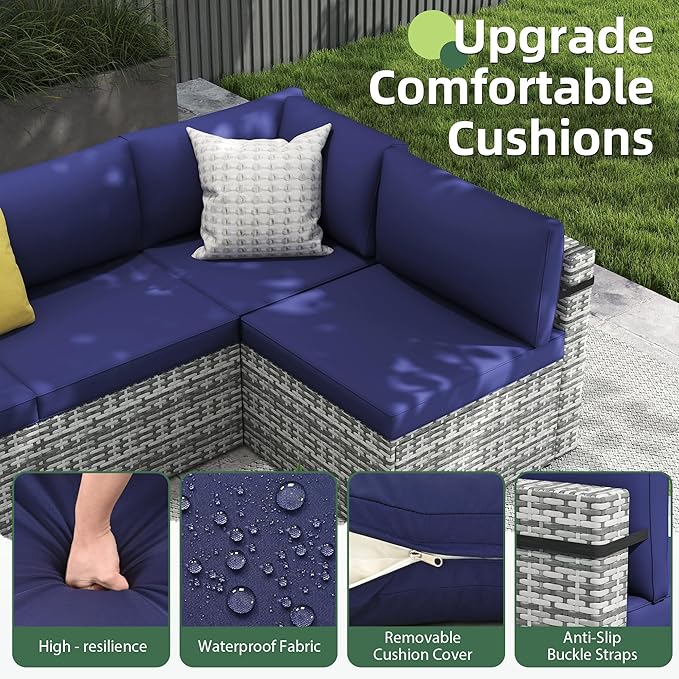 7-Piece Outdoor Sectional Sofa Set, Weather-Resistant Patio Furniture Set with Washable Cushions and Coffee Table, Grey Rattan Patio Conversation Set for Poolside, Backyard, Deck (Navy Blue)