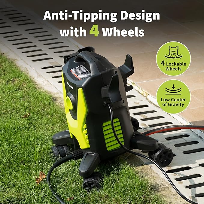 Yeryork Pressure Washer, 3000 PSI Power Washer with 4 Lockable Wheels, Stainless Steel Lance, 4 Quick Connect Nozzles, 500ml Foam Cannon for Car/Decks/Driveways/Patios (Fluorescent Green)