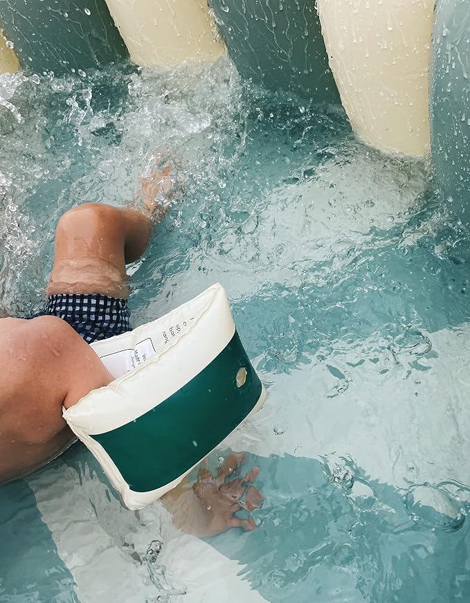 Petites Pommes Striped Swimming Pool for Toddlers & Kids - Handprinted Classic Foldable Baby Pool - Durable, BPA-Free PVC Kiddie Pools with Repair Patch & Storage Bag, Dusty Green, 37 x 9 Inch