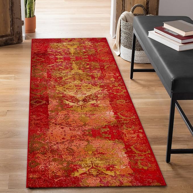 Liora Manne Marina Indoor/Outdoor Power Loomed Synthetic Blend Low Profile Area Rug - Traditional Medallion Casual Colorful (Kermin Saffron) (1'11" x 7'6")