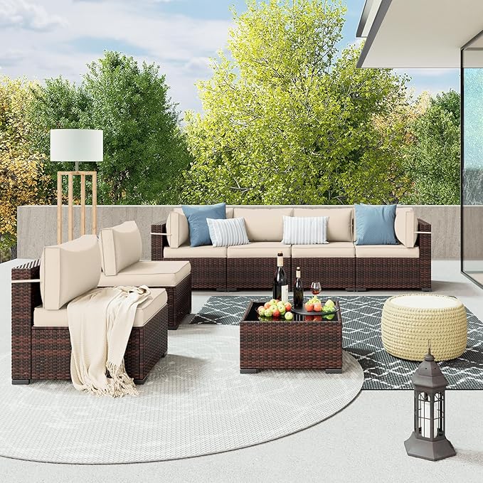 Amopatio Patio Furniture Set 7 Pieces Patio Conversation Set Outdoor Sectional Wicker Rattan Sofa with All-Weather Cover, Patio Furniture with Pillows Fits Porch Garden Backyard Balcony (Cream)
