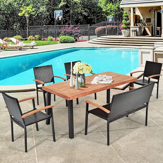 Tangkula 6 Pieces Wicker Patio Dining Set, Patiojoy Outdoor Dining Furniture w/ 1 Acacia Wood Tabletop Dining Table, 4 Stackable Chairs & 1 Rattan Bench, Backyard Garden Steel Frame Conversation Set