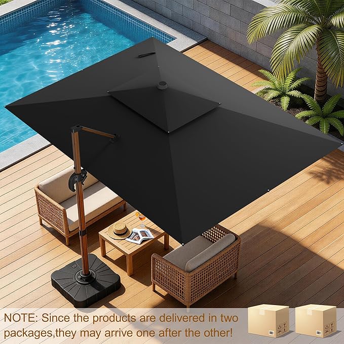 10x13FT Cantilever Outdoor Patio Umbrellas with Base, Double Top Wood Pattern Rectangle Umbrella, Heavy Duty 360°Rotation Offset Umbrella for Garden Deck Pool Patio, Black