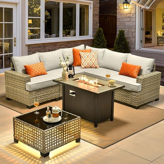HOOOWOOO Sectional Patio Furniture Set with Fire Pit Table,7 Pieces Wicker Outdoor Furniture L Shaped Couch,Outside Conversation Set with Extra Deep Seat Sofa Wide Arm Solar Light Table,Light Gray