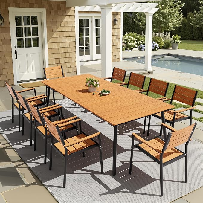 11-Piece Outdoor Dining Set for 10 Person with Teak Wood-Grain Top | Armrest Stackable Chairs with 19.4" Seat Depth, Aluminum Frame Dining Furniture with Umbrella Hole for Deck, Porch & Backyard