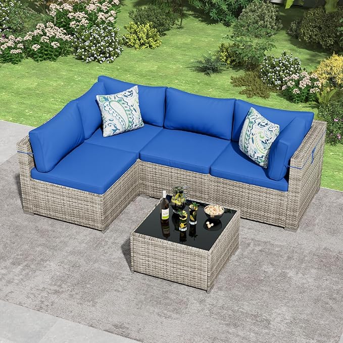 5 Piece Patio Furniture Set, Outdoor Wicker Patio Sofa Set, PE Rattan Sectional Couch with Glass Table and Blue Cushions, All-Weather 5 Piece Outdoor Patio Furniture Sets, Grey