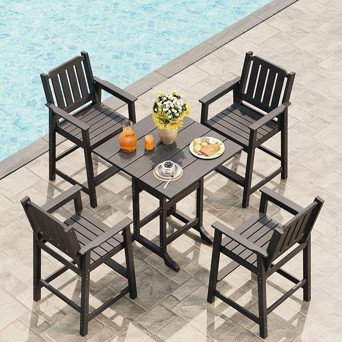 GAOMON Square Outdoor Bar Height Table, Patio Tall Side Bistro Table with Umbrella Hole, Weather Resistant High Top Dining Table for Backyard, Garden, Deck, Porch, Dark Gray