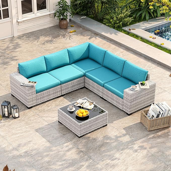 6 Piece Outdoor Wicker Rattan Sectional Sofa Set, 5-Seats Patio Furniture Conversation Set with 4" Thickened Cushions & Coffee Table, All-Weather PE Rattan for Garden, Backyard, Porch, Turquoise