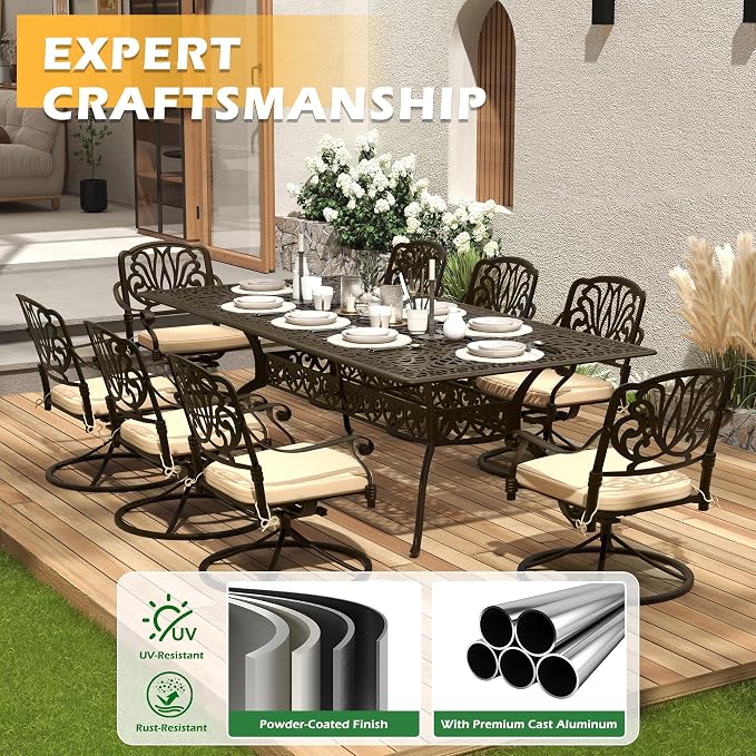 9-Piece Outdoor Dining Set, Retro Bronze Cast Aluminum Patio Furniture Include 86.6" Rectangle Table and 8 Fixed Chairs with Cushion and Umbrella Hole for Patio Deck Garden