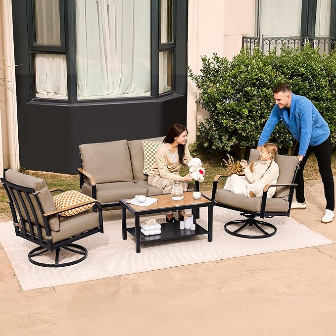 NATURAL EXPRESSIONS Patio Furniture Sets,4 Pieces Metal Outdoor Conversation Sofa Set with High Back Swivel Rocking Chairs with Anti-Scald Armrest,Double-Deck Wooden-Grain Table,6" Cushions for Yard