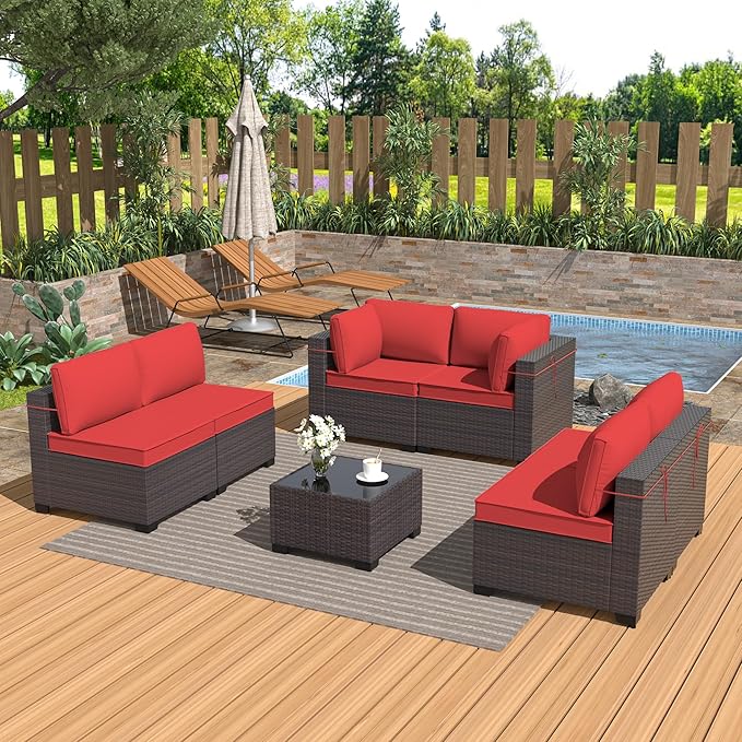 Patio Furniture Set 7PCS Outdoor Furniture for Backyard Sectional Sofa Set, Rattan Wicker Patio Conversation Set with 4 Inch Thickened Cushions and Glass Coffee Table, Red