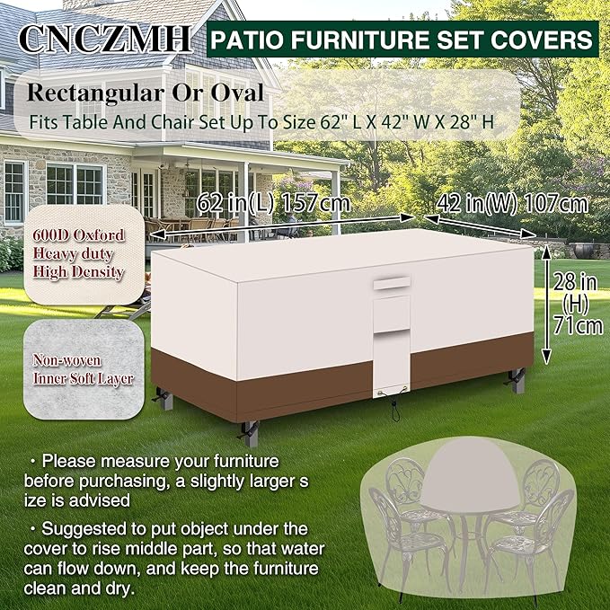 Heavy Duty Patio Furniture Covers Waterproof, 600D Outdoor Furniture Cover Waterproof for Sectional Sofa Couch, Outdoor Dining Table and Chair Set Covers 62''L x 42''W x 28''H, Beige Brown