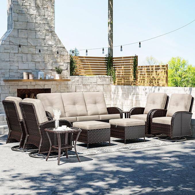 Joyside Wicker Patio Furniture Set, 9 Piece Outdoor Furniture Set with Thickened Cushions, High Back, Deep Seating, Wide Armrest, Outdoor Swivel Rocker Chairs for Porch, Deck