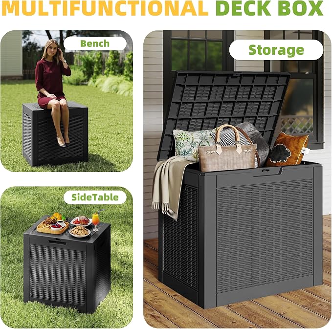 Vixzen 31 Gallon Waterproof Large Deck Box, Lockable Resin Outdoor Storage Box with Hydraulic Lid, Durable Storage Bin for Patio Furniture Cushions, Garden Tools, Pool Accessories, Black