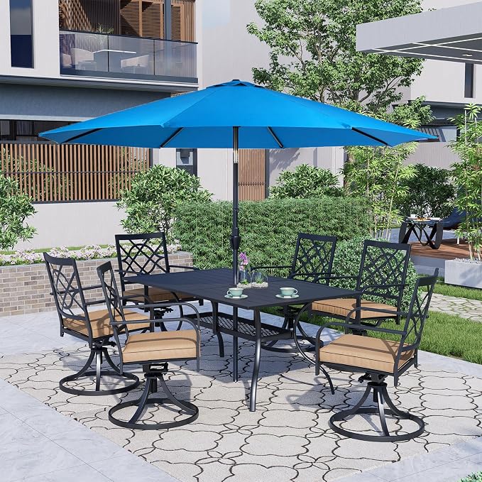 Crownland 7 PCS Furniture Patio Dining Set, 6 Swivel Metal Chairs and Rectangular Outdoor Dining Table with Sky Blue 9FT Round Outdoor Umbrella (Metal Tabletop)