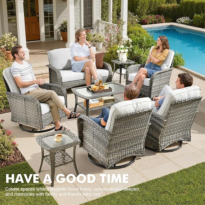 8 Pieces Outdoor Patio Furniture Sets, High Back Swivel Rocker Chairs Loveseat Sofa Coffee Table, All Weather Wicker Conversation Set for Deck Backyard Porch Poolside, Light Gray