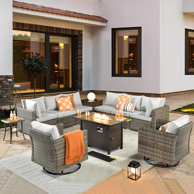 ovios 11 Piece Outdoor Patio Furniture Set with Fire Pit Table,Conversation Sectional Wicker Couch with Swivel Chairs,Modern Outside Sofa for Balcony Backyard, Grey