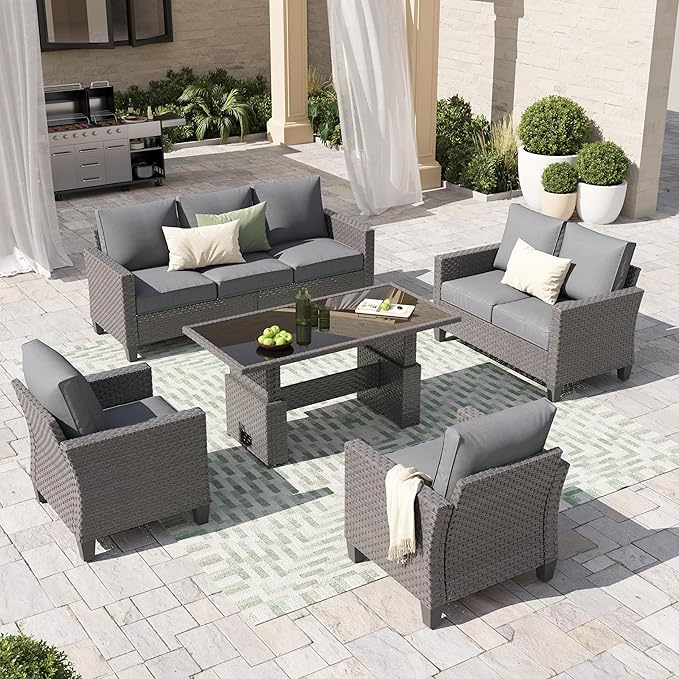 SUNSITT Outdoor Patio Furniture Set 5 Piece Wicker Conversation Set with Lift Coffee Table Sectional Dining Set 3 Seat Sofa Couch with Loveseat, Grey Wicker & Grey Cushion