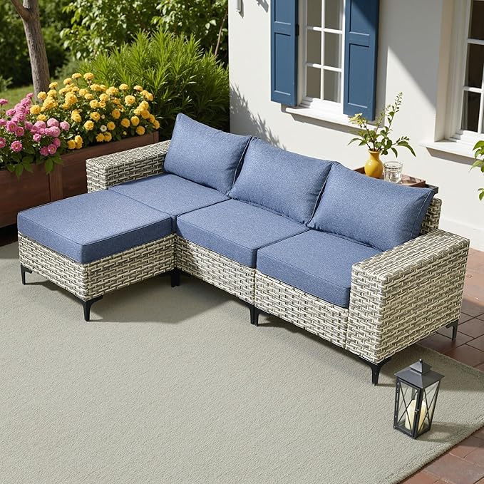 HOOOWOOO Outdoor Sectional Furniture Set,4 Pieces Wicker Patio Conversation Sets,L Shape All Weather Outside Couch Sofa with Ottoman,Denim Blue
