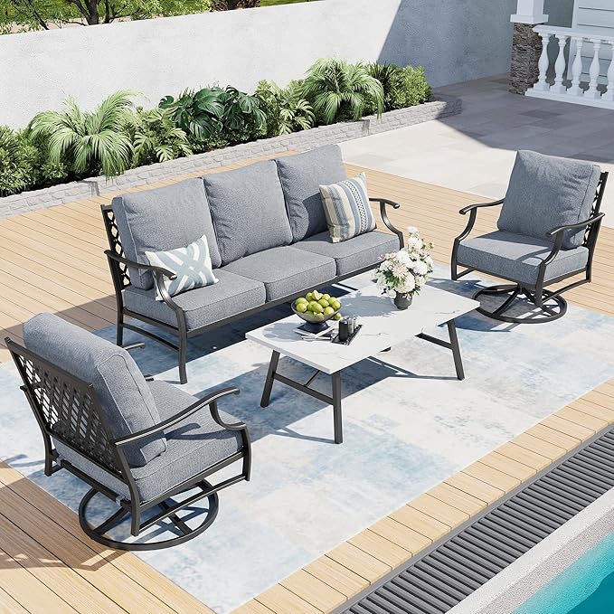 4 Piece Metal Outdoor Patio Furniture Set, Patio Conversation Sets 1 3-seater Sofa, 2 Swivel Chair with 5.75" Extra Thick Cushion and Coffee Table, Black Frame Backyard Furniture, Gray