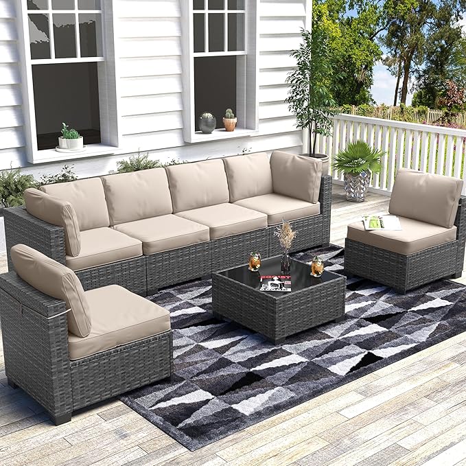 GarveeHome 7 Piece Patio Furniture Set, PE Rattan Wicker Sectional Sofa Set with Cushions & Glass Top Coffee Table, Outdoor Conversation Furniture for Garden, Balcony, Porch, Backyard