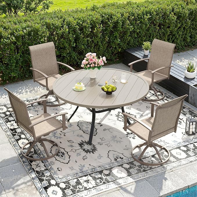 DIFY 5 Pieces Outdoor Dining Set for 4, 47.2" Grey Wood-Like Round Metal Table with Umbrella Hole and Sandshell Textilene Swivel Patio Chairs, Patio Table and Chairs Set for Garden, Backyard, Poolside
