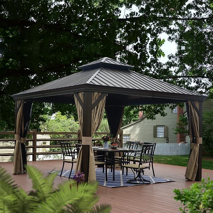 Kozyard Alexander 12' x 12' Hardtop Gazebo, Aluminum Frame with Galvanized Steel Double Roof, Outdoor Permanent Pavilion with Curtains and Netting for Patio, Backyard, Deck, Lawn(Brown)