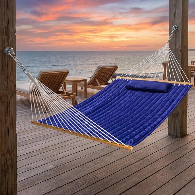 Double Quilted Hammock with Spreader Bar, Pillow & Chains, 450 lbs Capacity, Weather Resistant, for Patio, Backyard, Beach, Outdoor, Navy Blue