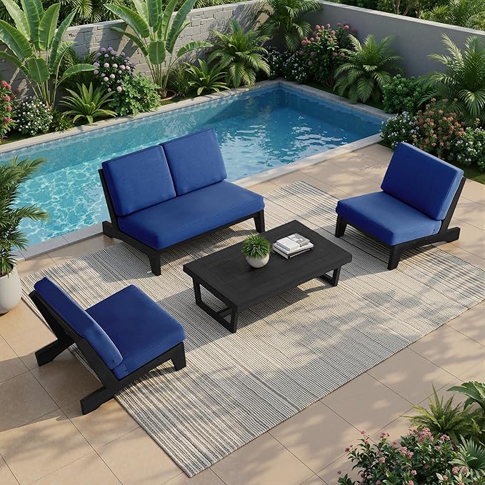 UIXE 5 Pieces All Weather Black Wood Patio Furniture Sets, 2 Patio Loveseat, 2 Patio Bistro Chair, Outdoor Sectional Sofa Furniture Backyard Conversation Set with Coffee Table - Navy