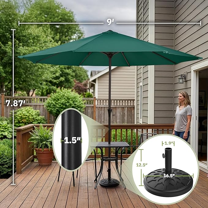 Pure Garden 9FT Round Patio Umbrella with 19lb Weighted Base - Easy Crank, Vented Canopy Outdoor Umbrella for Shade - For Deck, Balcony, Porch, Backyard, or Pool (Dark Green)