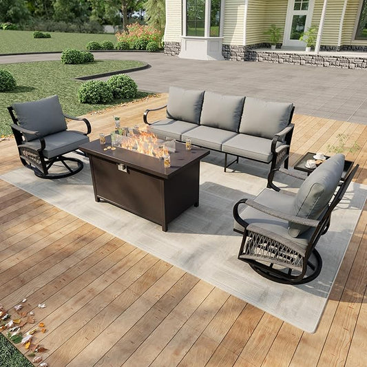 5 Pieces Patio Conversation Sets, All Weather Metal Outdoor Furniture Set 3-Seater 2 Swivel Rockers with Side Table and Fire Pit Table for Backyard Garden Deck Porch Poolside, Gray
