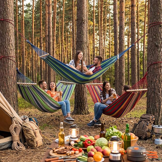 SATINIOR 4 Pack Canvas Portable Camping Hammocks with 4 Carrying Pouch 8 Tree Straps 8 Anti Roll Balance Beam Large 86.6 x 59 Hanging Hammock for Patio Backyard Outdoor, Red & Blue & Green & White