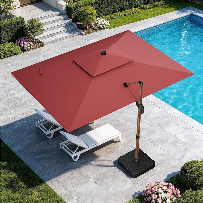 GENTEACO 10x13FT Wood Pattern Cantilever Patio Umbrella, Double Top Rectangle Offset Umbrella 7 Angle Tilts & 360° Rotation, Large Heavy Duty Outdoor Sun Umbrella for Pool Market, Red