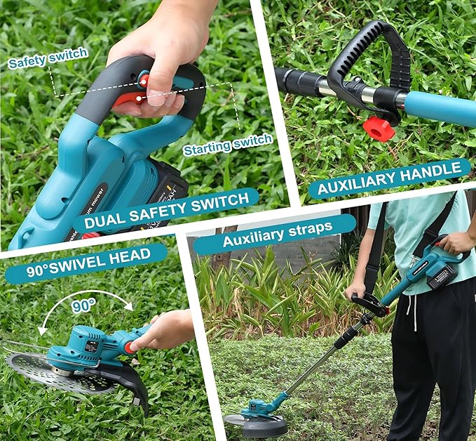 Electric Weed Wacker Cordless, Battery Powered Weed Eater String Battery, 21V Electric Weed Eater, for Lawn, Bush Trimming(with 2 x 4.0Ah Batteries and Fast Charger Included) (Blue)