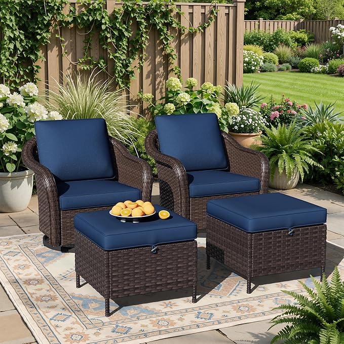 4 Piece Patio Wicker Conversation Set, 2 All-Weather Use Outdoor Wicker Swivel Chairs with 2 PE Rattan Ottomans,Ideal for Porch, Backyard, Balcony, Poolside, Blue
