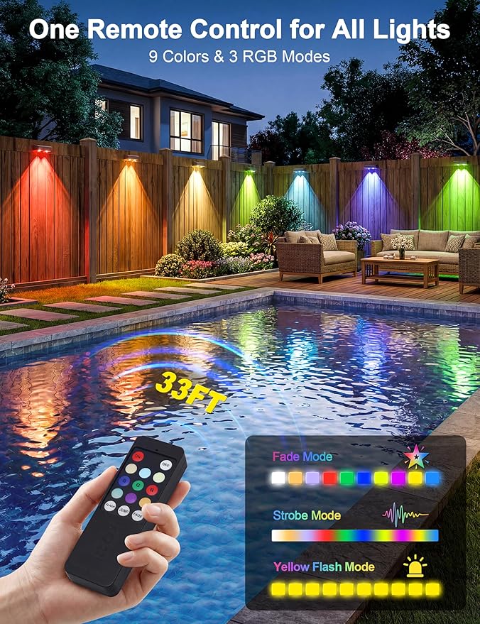 JOFIOS Solar Fence Lights with Remote, Warm White, Cool White and RGB Color Glow LED Outdoor Wall Lights, IP65 Waterproof Solar Lights for Fence, Backyard, Railing, and Deck, Home Improvement, 2 Pack