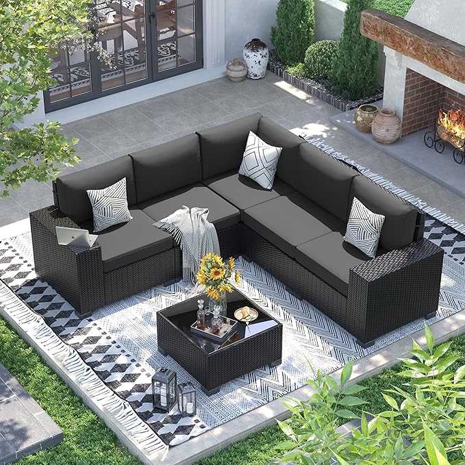 UDPATIO 6 Piece Patio Furniture Set, Outdoor Wicker Sectional Sofa with 8'' Wide Armrests, Modular Patio Conversation Set with Coffee Table for Backyard, Deck, Garden