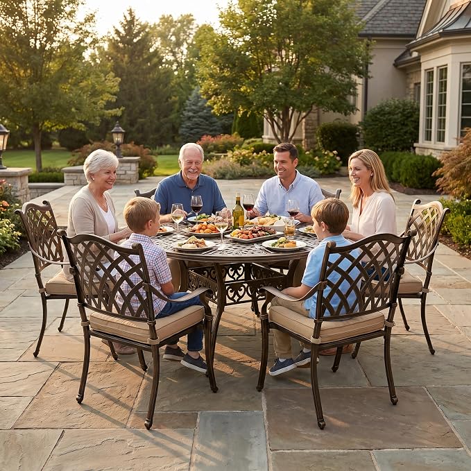 7 Piece Outdoor Dining Set Cast Aluminum, Retro Patio Dining Furniture Set for 6 Includes 54’’ Round Table 6 Chairs with Thicker Cushion and Umbrella Hole for Patio Deck Garden