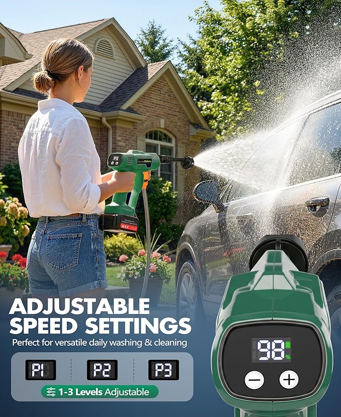 BluSwim Cordless Car Cleaning Tool with LCD Display, Portable Vehicle Cleaner with Brushless Motor, 3 Levels Adjustable Battery Powered Water Sprayer with 16.5FT Hose, 6-in-1 Nozzle for Patio - Green