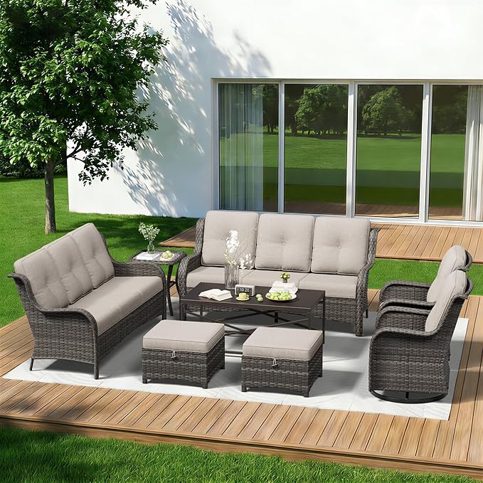 8 Piece Outdoor Wicker Patio Furniture Set, Outdoor Swivel Rocker Patio Chairs Set with Thickened Olefin Cushions, High Back and Deep Seating, Hand-Woven PE Rattan for Porch, Deck