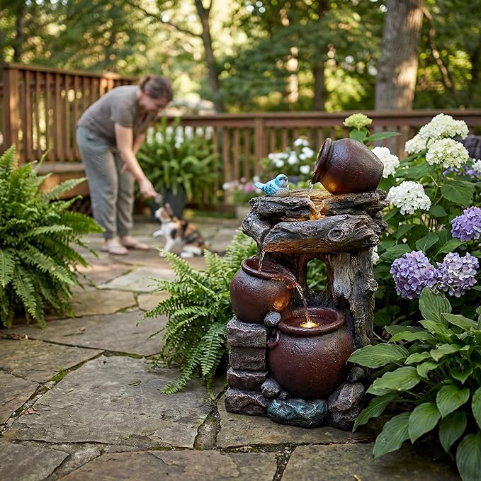 26-Inch Outdoor Water Fountain, 5-Tier Cascading Jars & Wood Design Resin Garden Fountain with Bird Accent & 4 LED Lights, Home Decor for Farmhouse, Patio, Backyard, Deck, Lawn in Brown