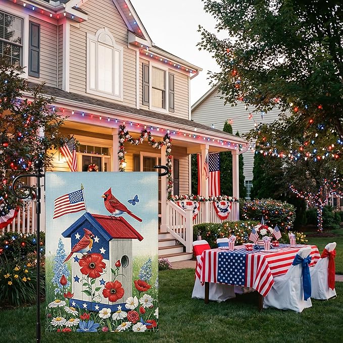 OTOSTAR Welcome Patriotic America 4th of July Garden Flag 12x18 Inch Double Sided Red White Blue Stars and Stripes Yard Outdoor Decorative Independence Memorial Day Garden Flag (House and Birds)