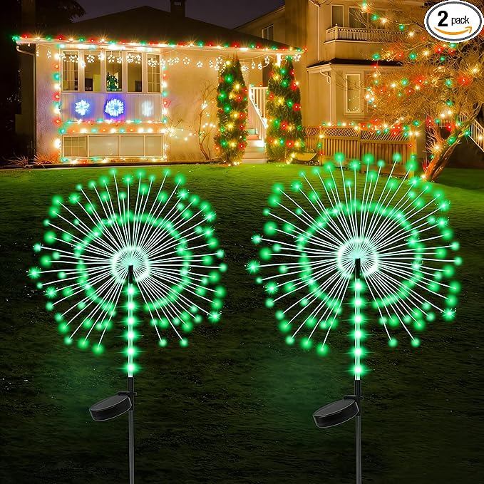 2 Pack 250LED Solar Garden Lights Outdoor, Dual Lighting Modes Firework Lights Solar Powered, Waterproof Twinkle Fairy Light Outside for Yard Patio Pathway Christmas Party Decorative(Green)