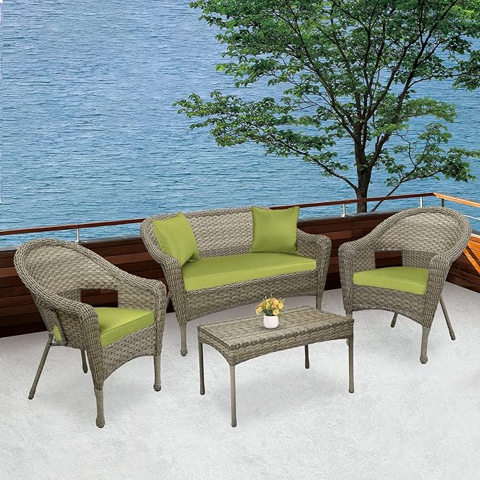 Jeco W00402G-G-FS029 Set of 4 Resin Wicker Clark Conversation Set, Grey, Sage Green Cushion