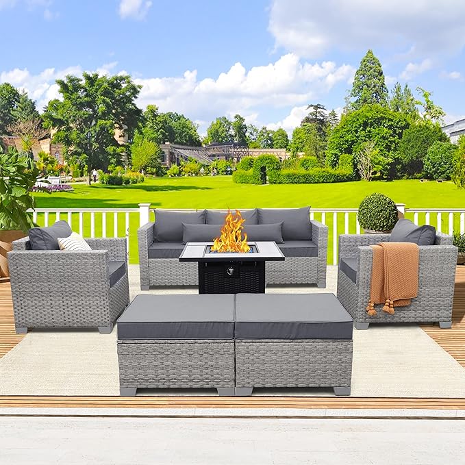 WAROOM Patio Furniture Set 6 Piece PE Rattan Outdoor Conversation Sets Grey Wicker Couch Sectional Sofa with 30" Fire Pit Table and Grey Cushion