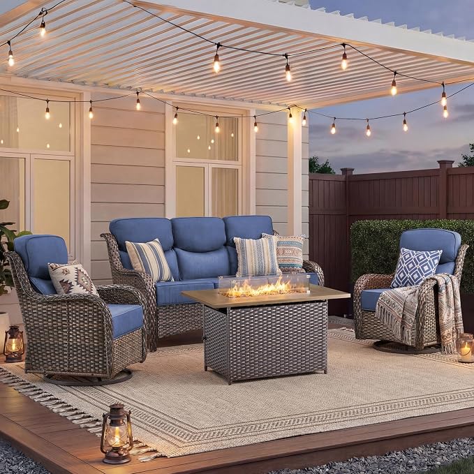 Luxury Patio Furniture Set with Fire Pit Table-4 Pieces High Back Wicker Swivel Rocker Chairs with 6" Extra Thick Cushions, Outdoor Patio Conversation Sets for Garden Deck(Brown/Blue)