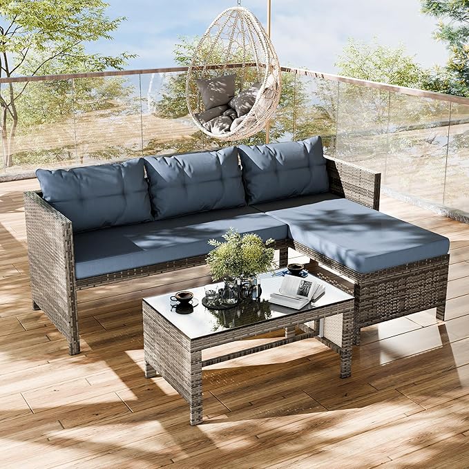 SUNLEI 3-Piece Wicker Patio Conversation Furniture Set, Patio Corner Sofa with Outdoor PE Rattan, Includes Loveseat Sofa Sectional, White Couch and Coffee Table(Silver Rattan/Ashy Blue, 3 PCS Sofa)